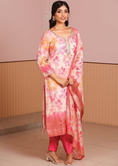 Off White & Pink Banaras Silk Straight Cut Suit