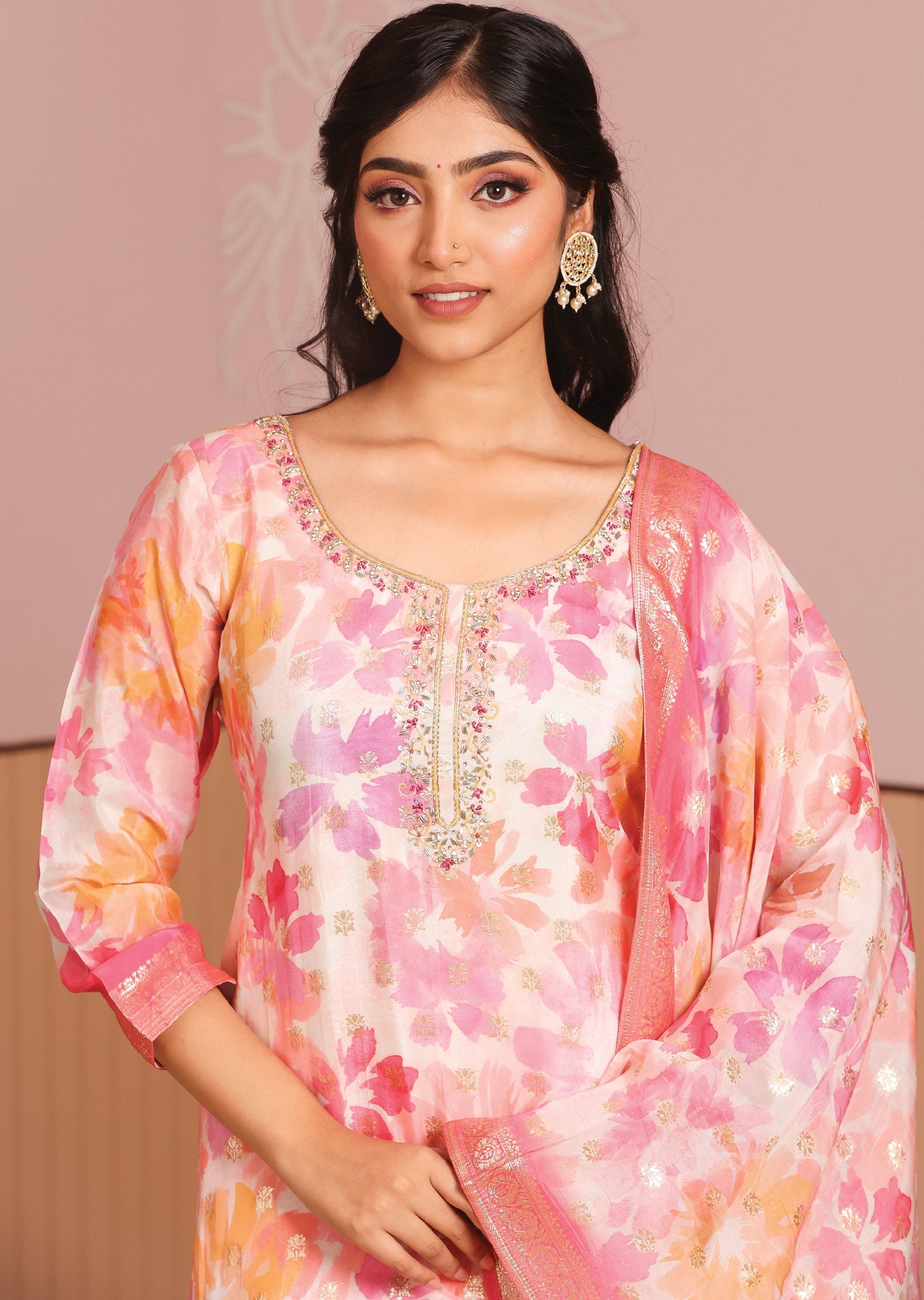 Off White & Pink Banaras Silk Straight Cut Suit