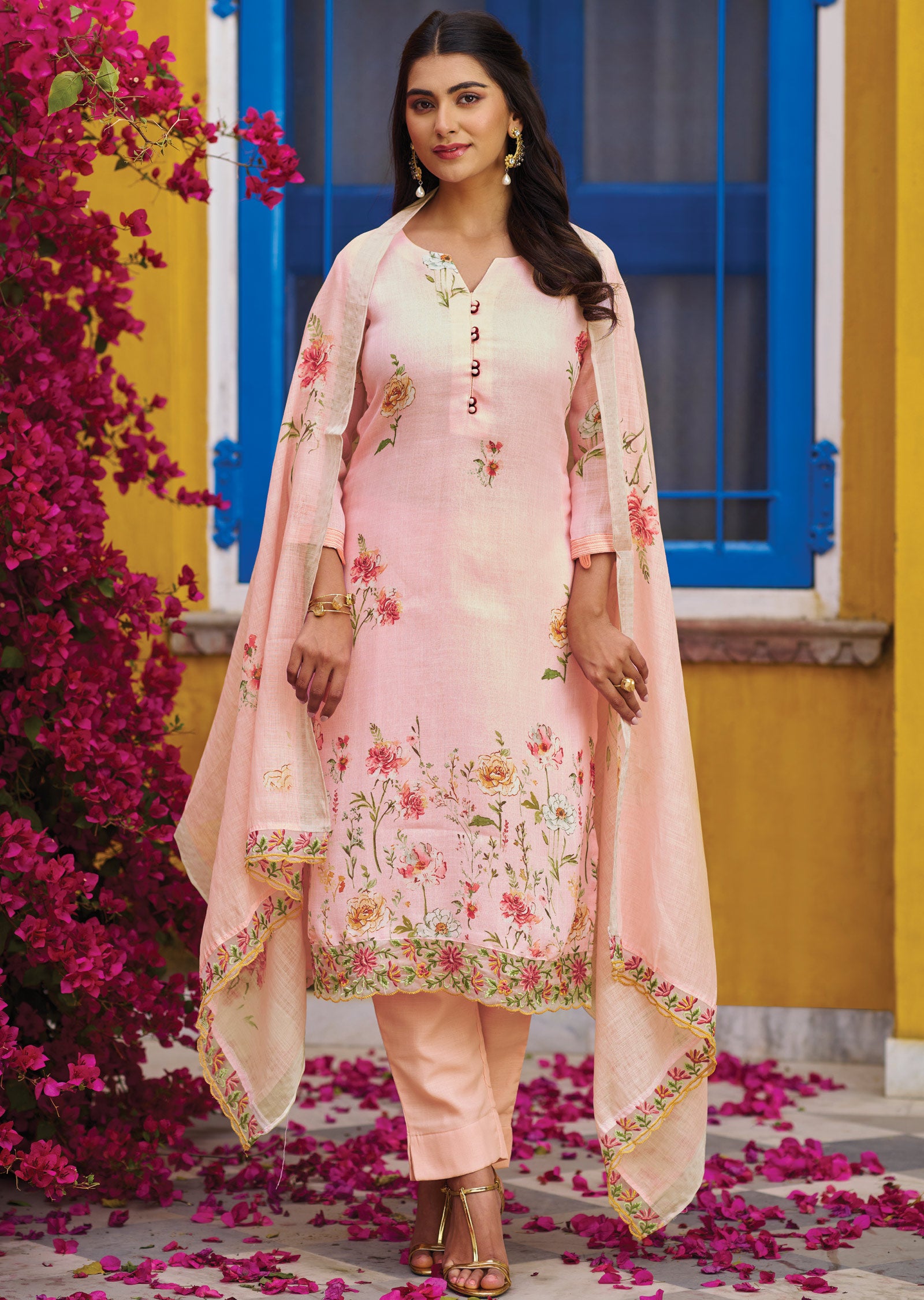 Baby Pink Cotton Straight Cut Suit