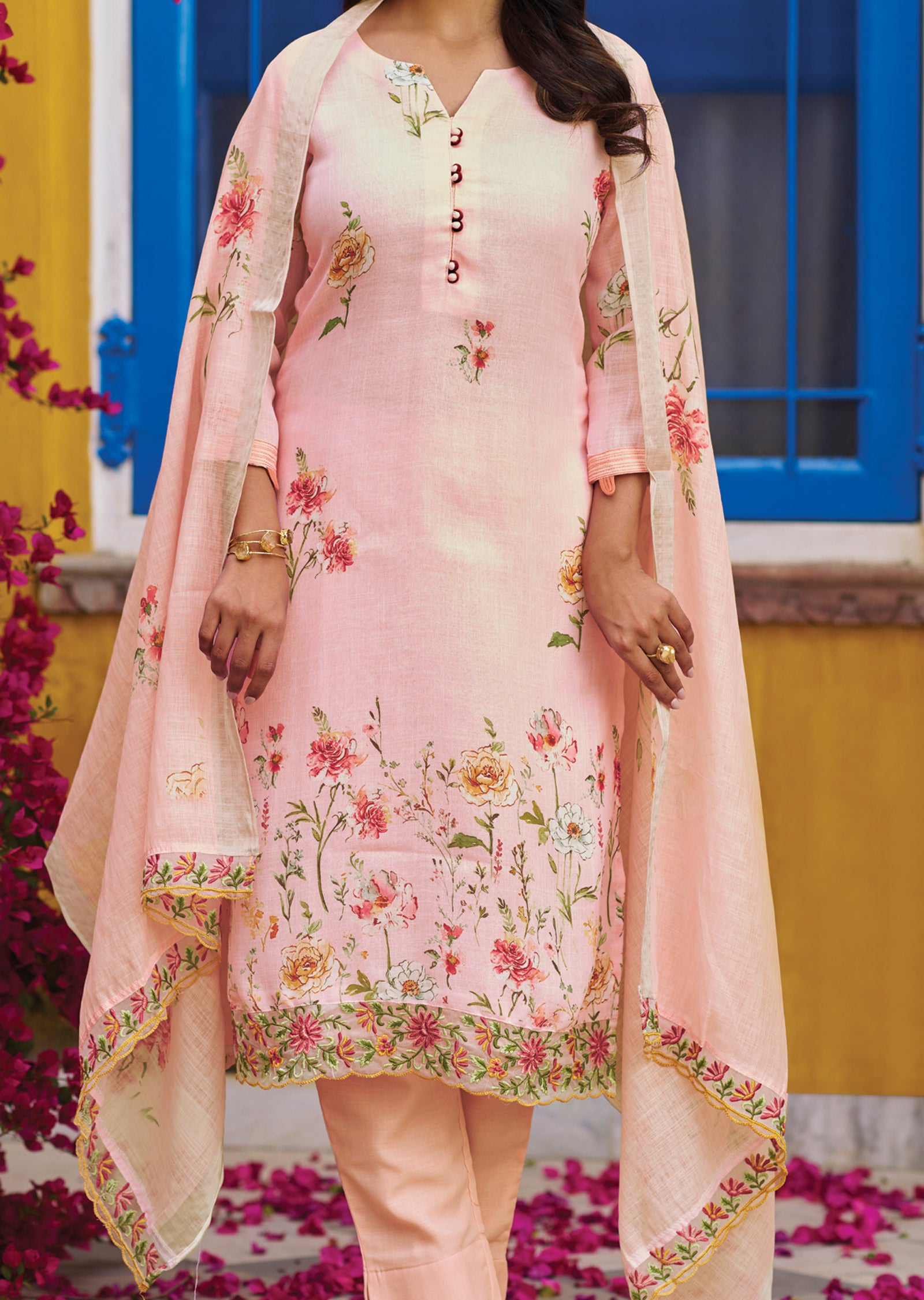 Baby Pink Cotton Straight Cut Suit