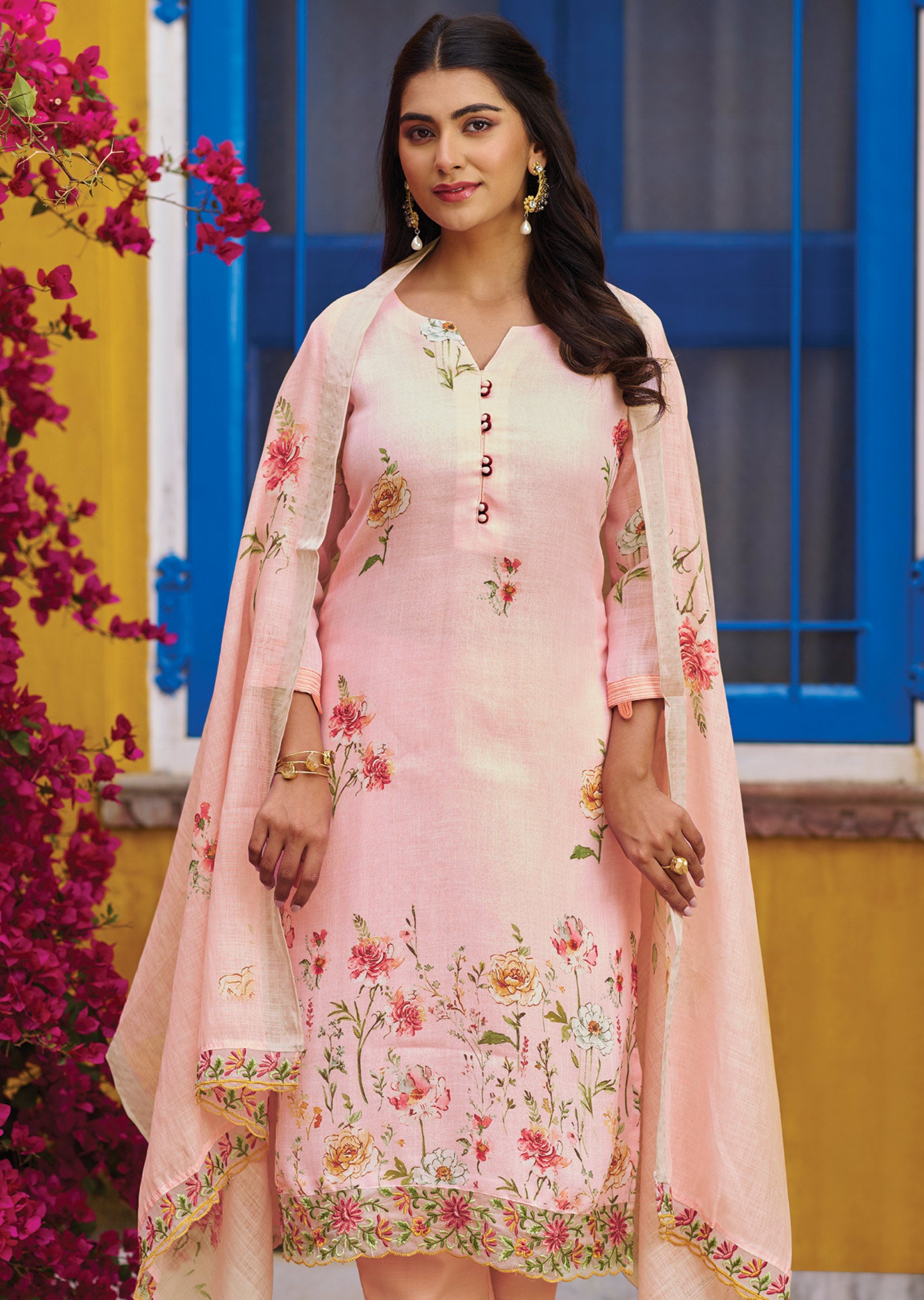 Baby Pink Cotton Straight Cut Suit