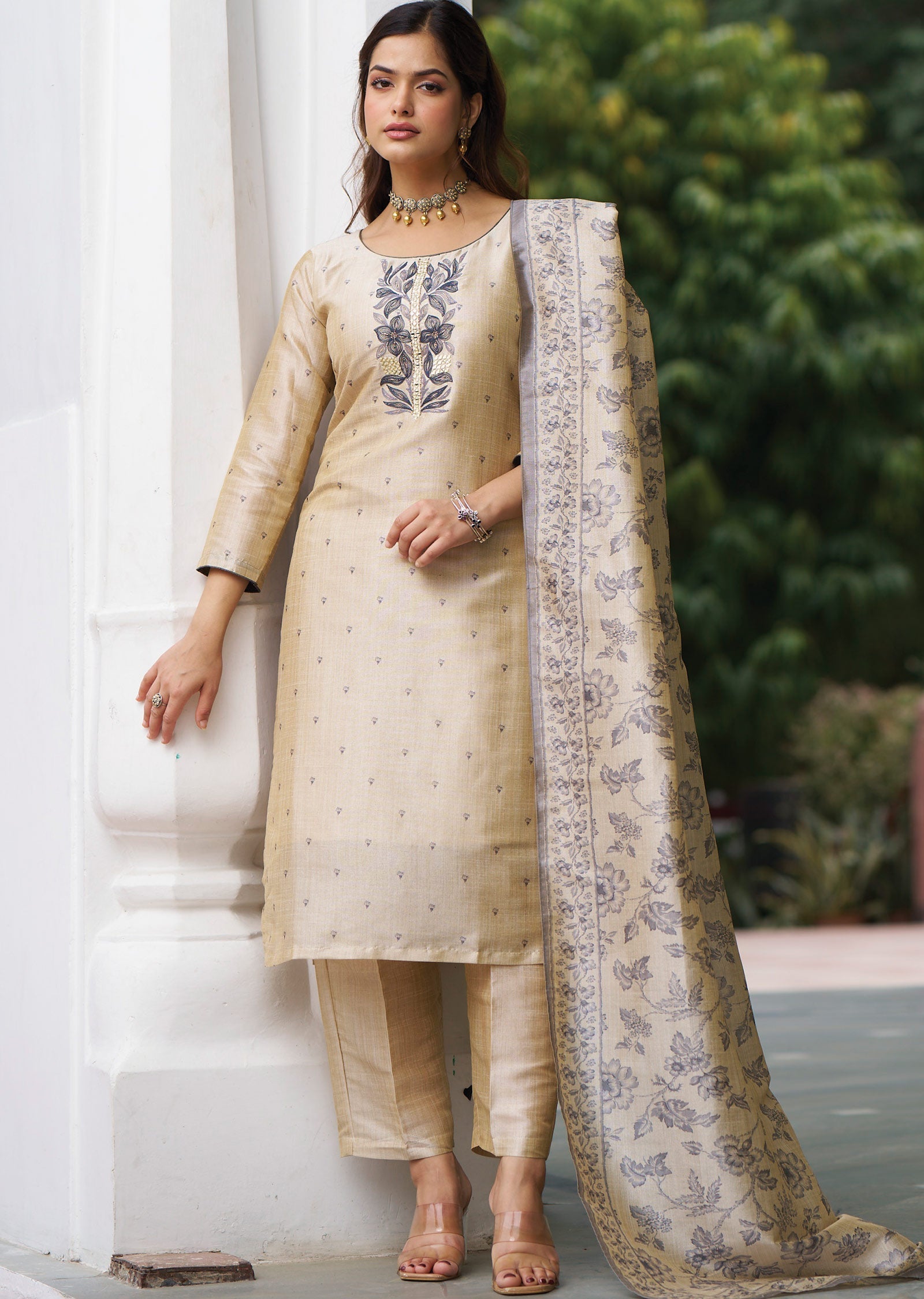 Beige Tussar Silk Straight Cut Suit