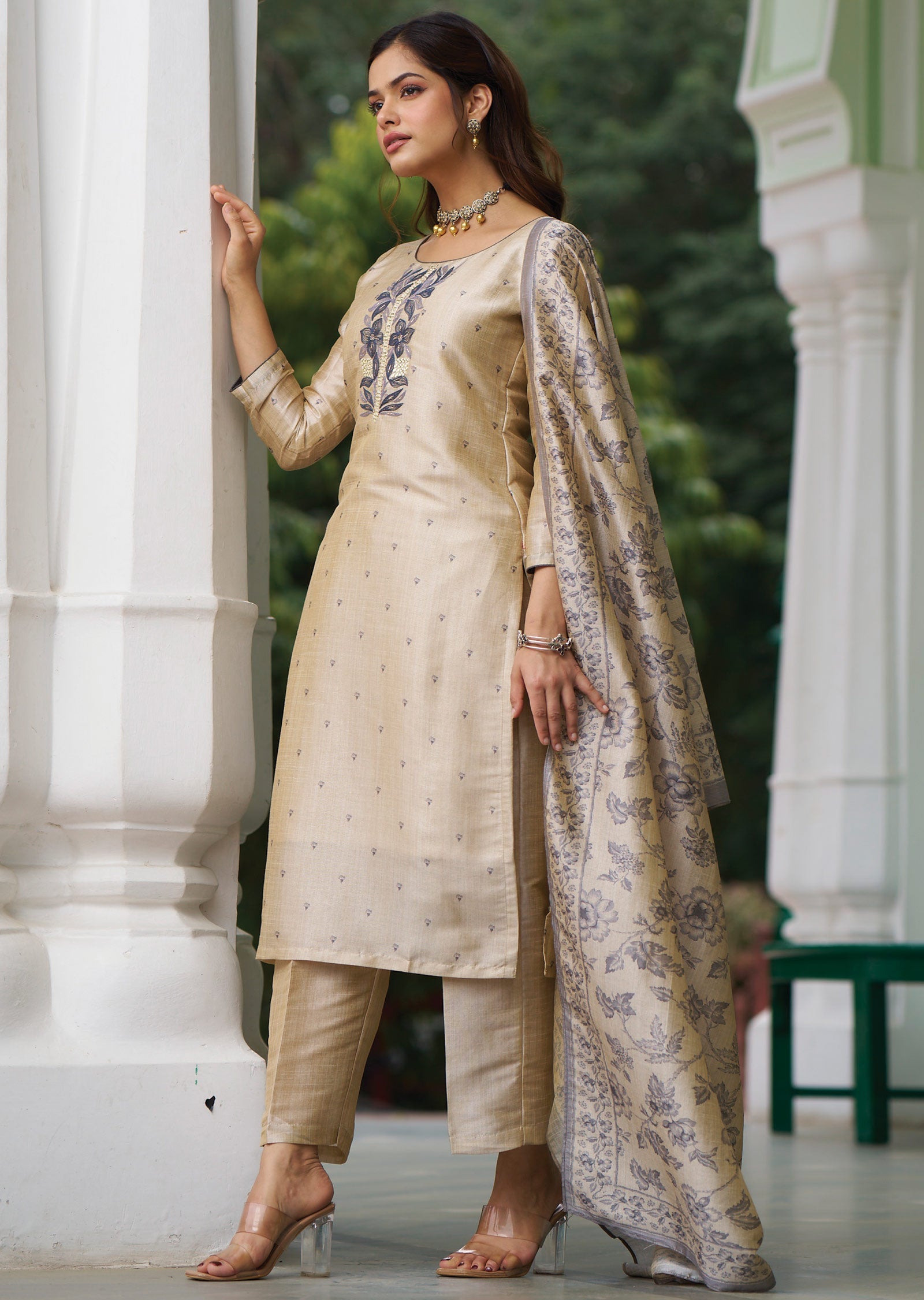 Beige Tussar Silk Straight Cut Suit
