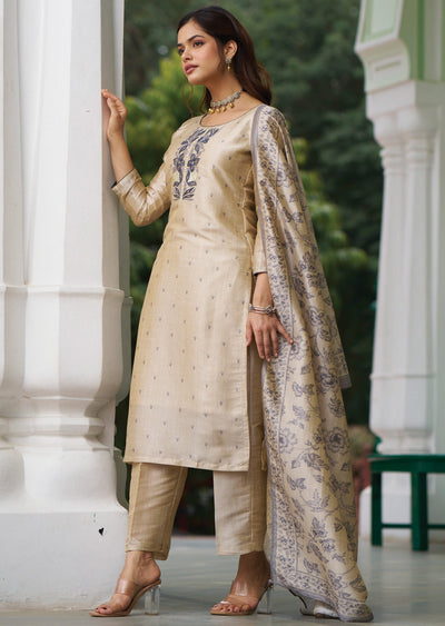 Beige Tussar Silk Straight Cut Suit