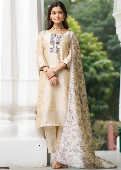 Beige Tussar Silk Straight Cut Suit