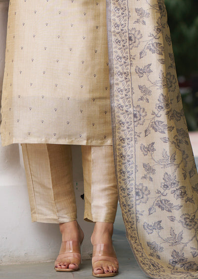 Beige Tussar Silk Straight Cut Suit
