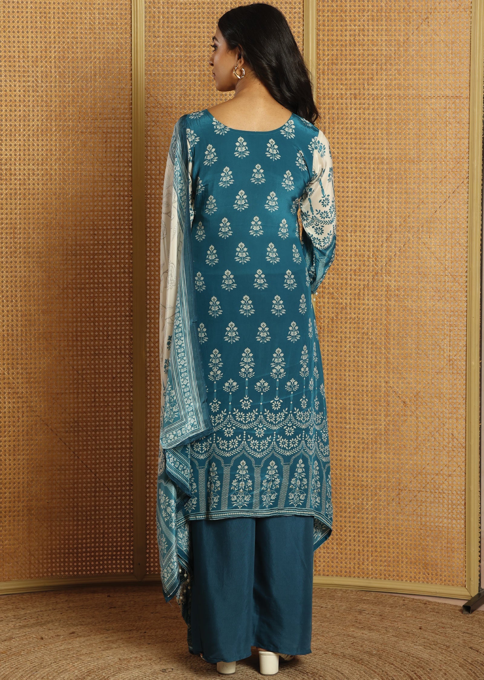 Blue & Beige Crepe Straight Cut Suit