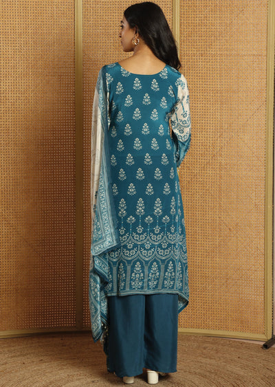 Blue & Beige Crepe Straight Cut Suit