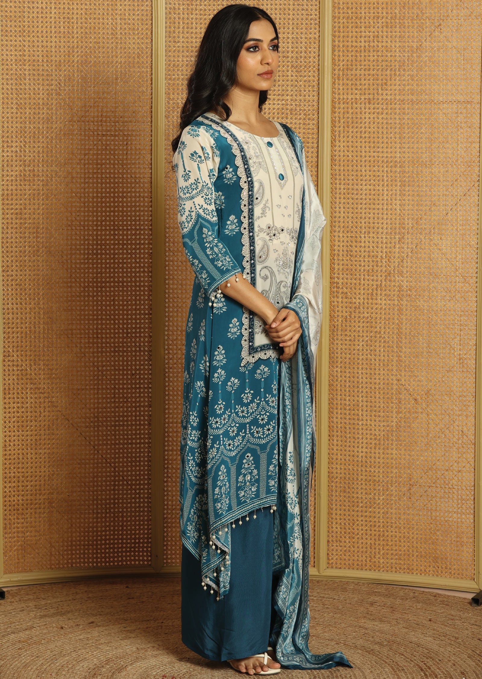 Blue & Beige Crepe Straight Cut Suit