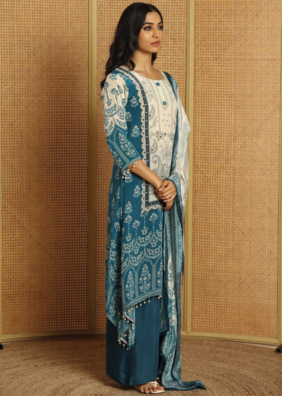 Blue & Beige Crepe Straight Cut Suit