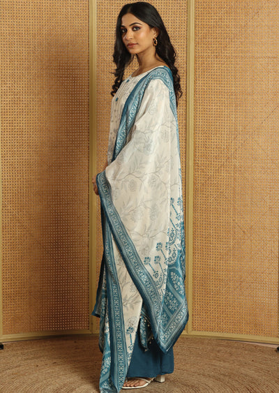 Blue & Beige Crepe Straight Cut Suit