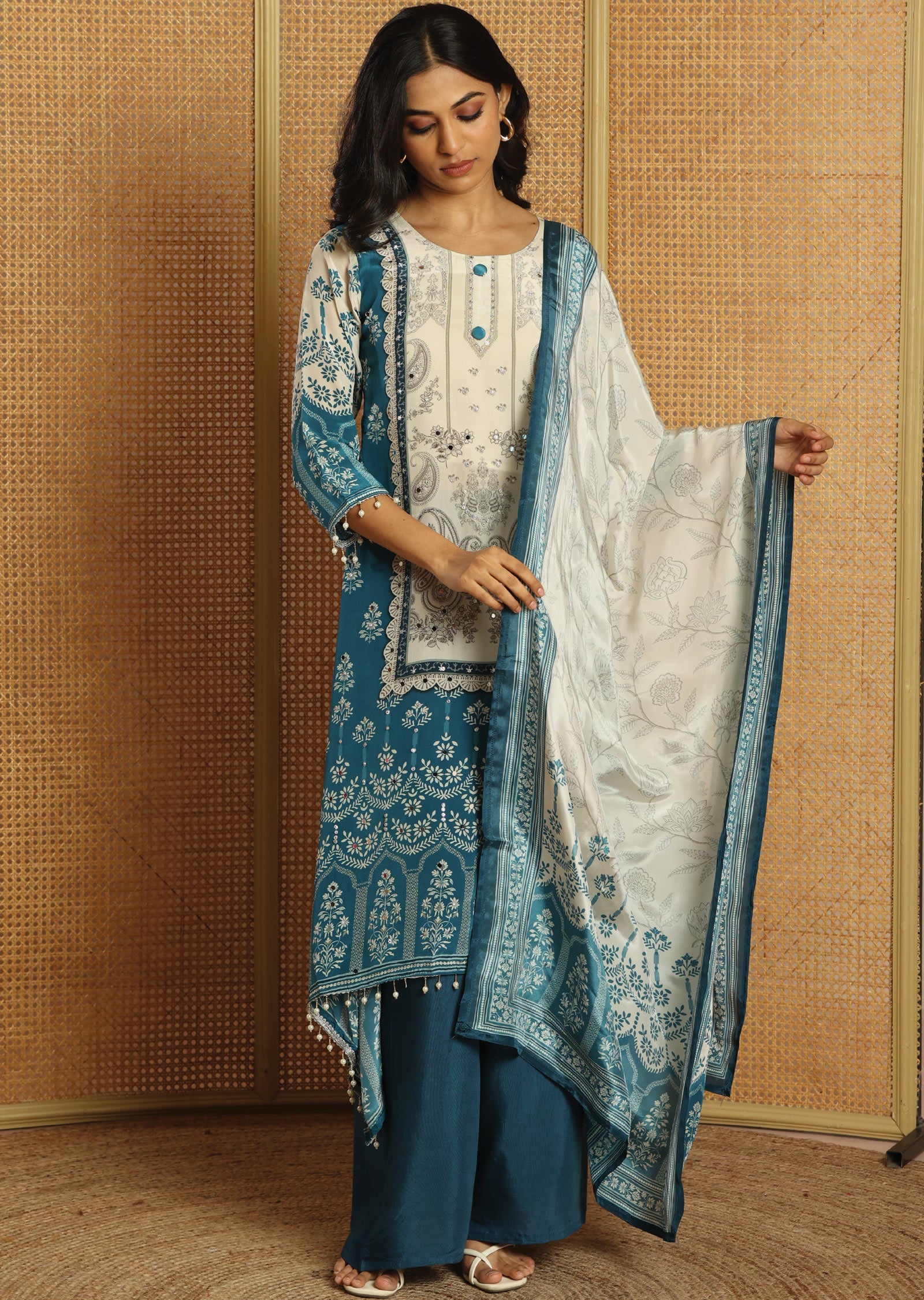 Blue & Beige Crepe Straight Cut Suit