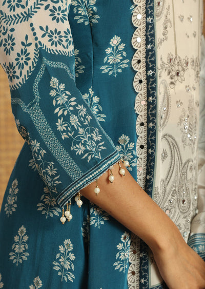 Blue & Beige Crepe Straight Cut Suit