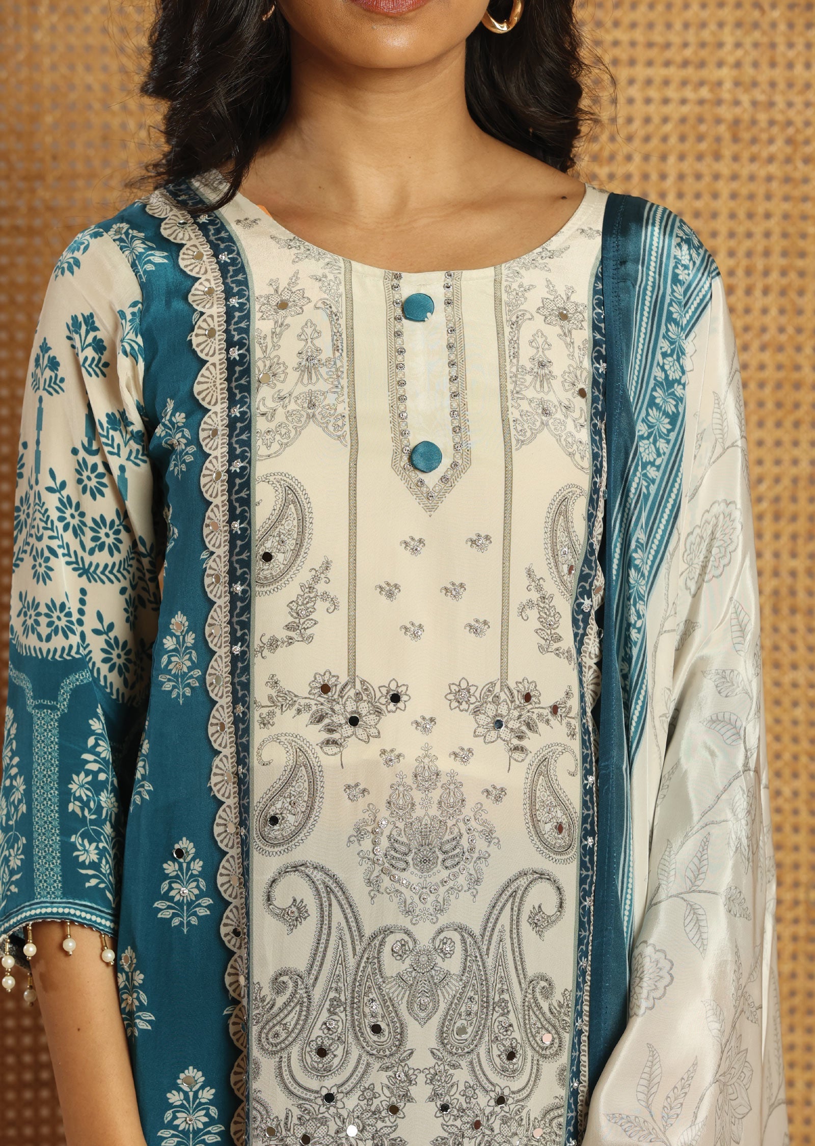 Blue & Beige Crepe Straight Cut Suit