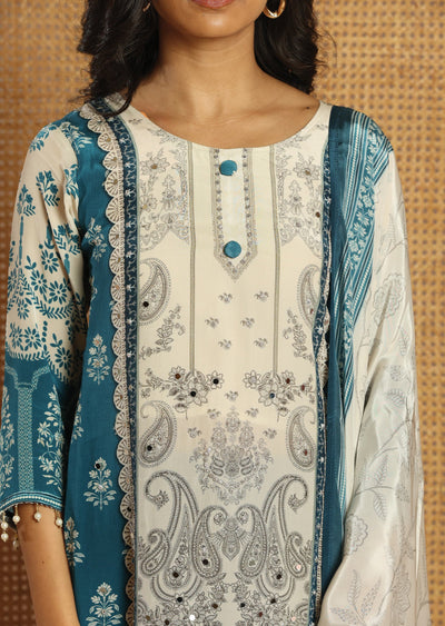 Blue & Beige Crepe Straight Cut Suit