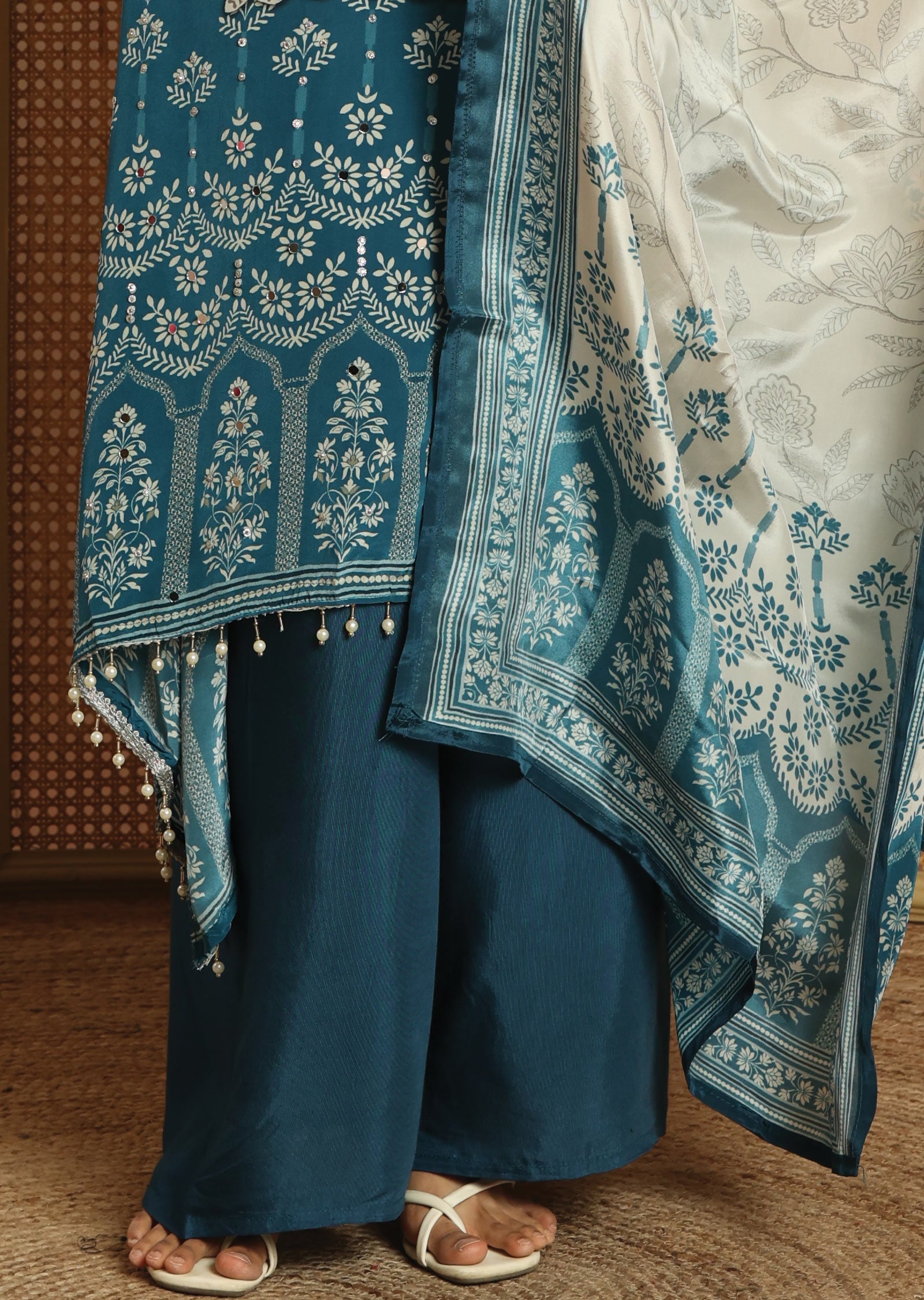 Blue & Beige Crepe Straight Cut Suit