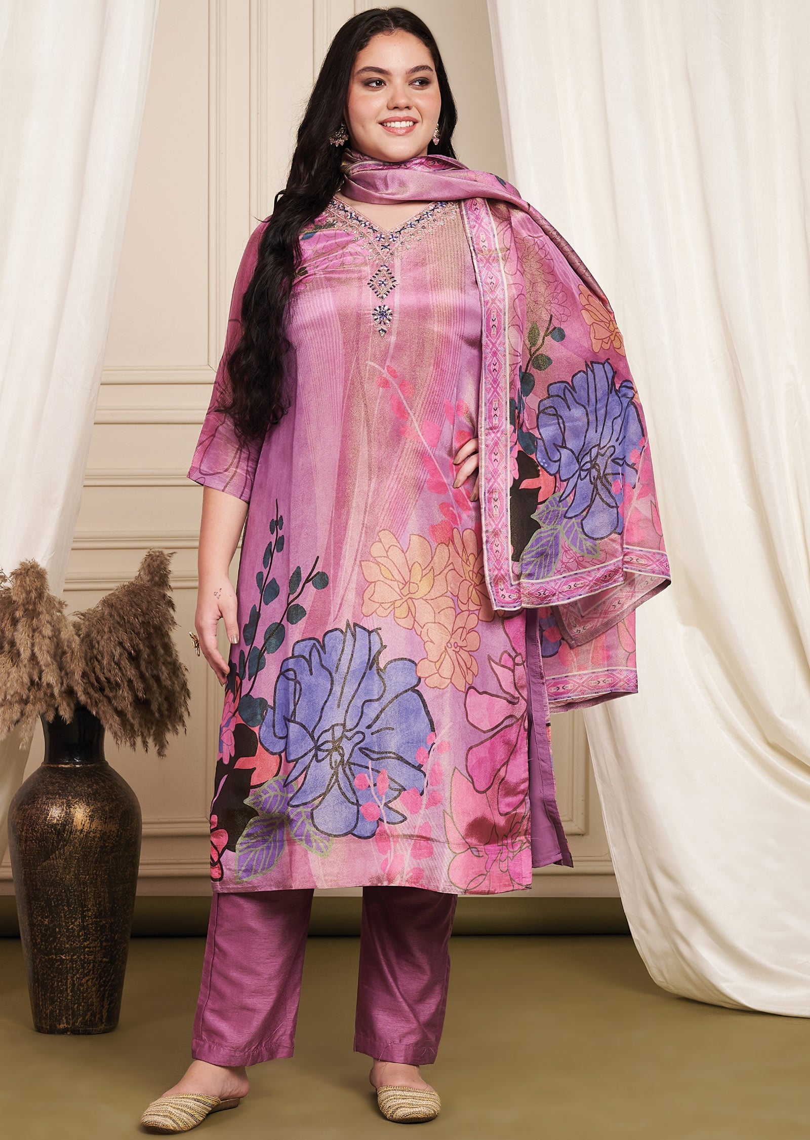 Lavender Tissue Silk Straight Cut Suit