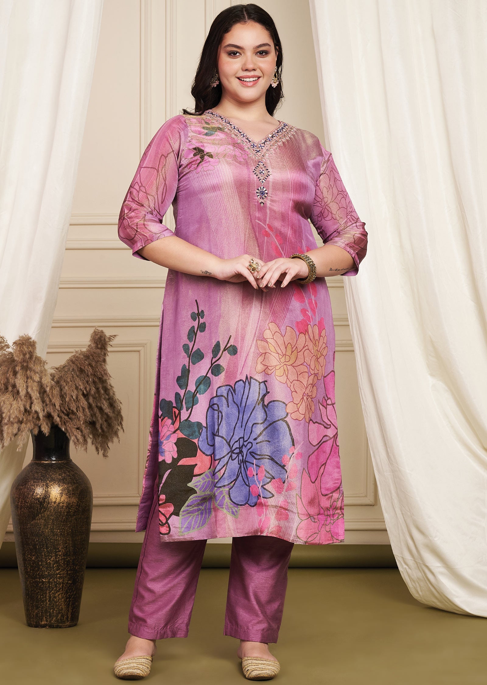 Lavender Tissue Silk Straight Cut Suit