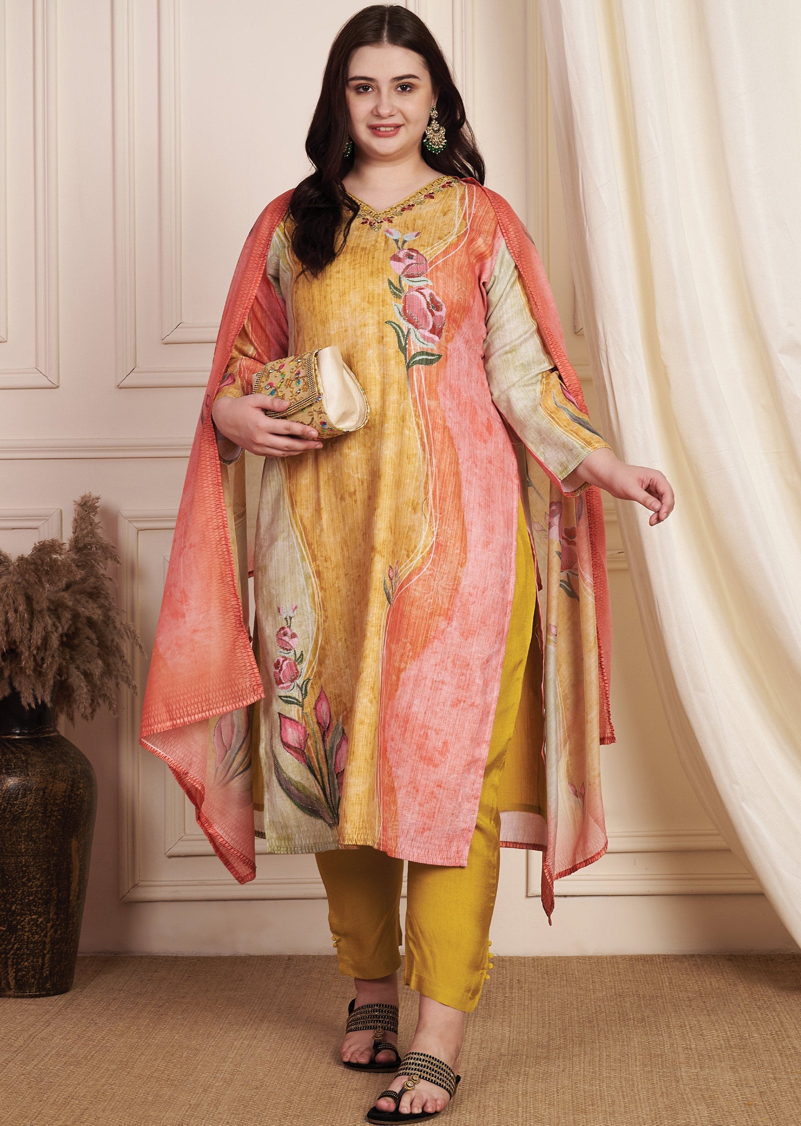 Multi Colour Linen Cotton Straight Cut Suit