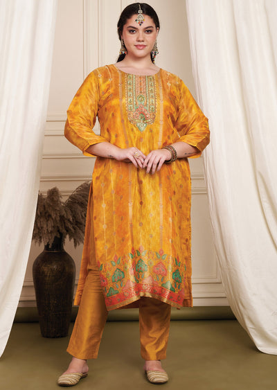 Orange Banaras Silk Straight Cut Suit