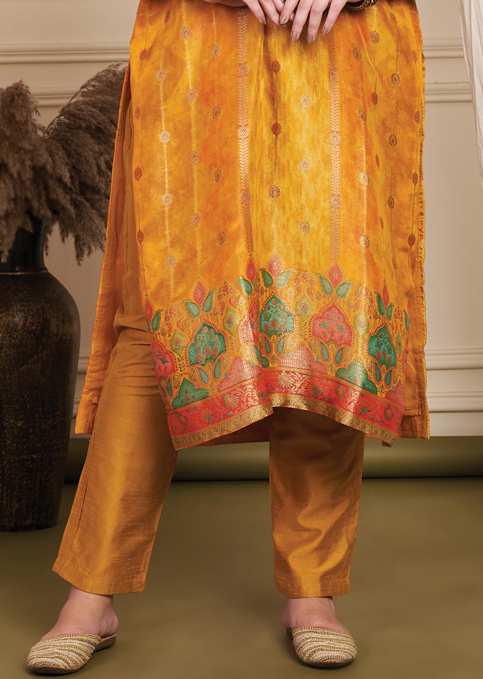 Orange Banaras Silk Straight Cut Suit