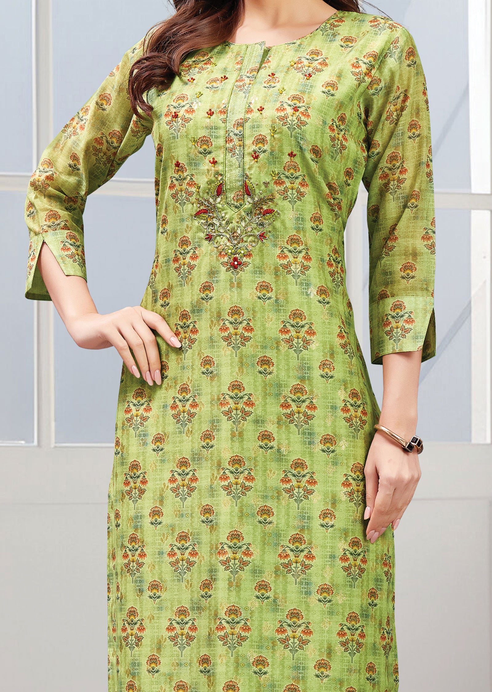 Mehndi Green Printed Banaras Chanderi Straight Cut Kurti