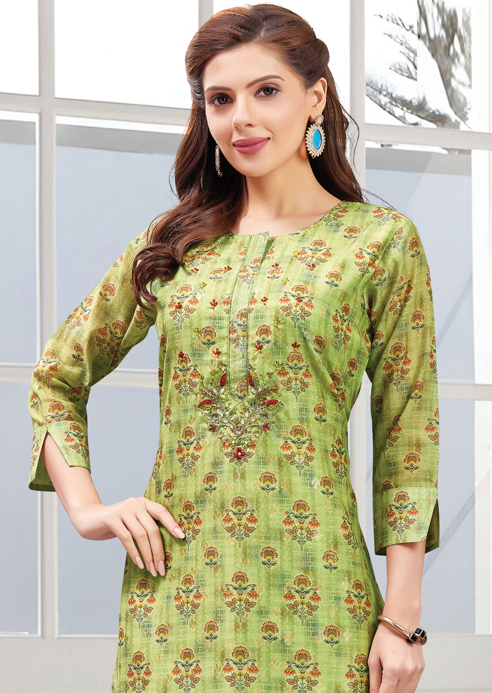 Mehndi Green Printed Banaras Chanderi Straight Cut Kurti