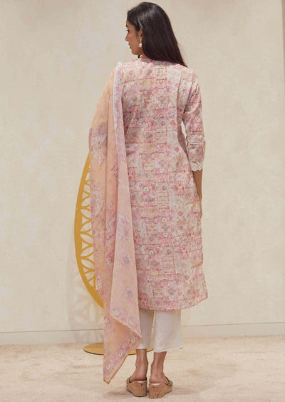 Beige Cotton Printed Straight cut suits