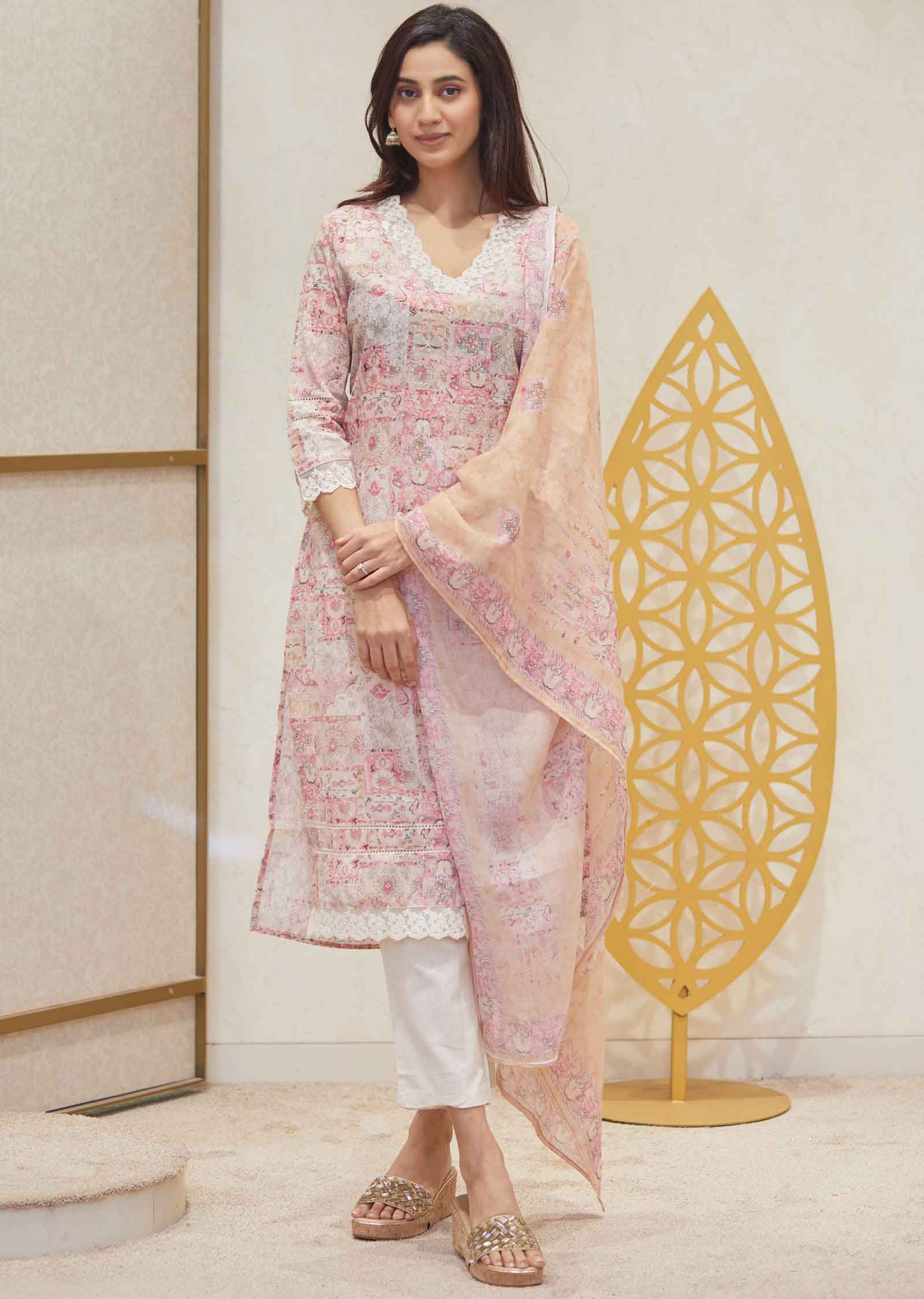 Beige Cotton Printed Straight cut suits