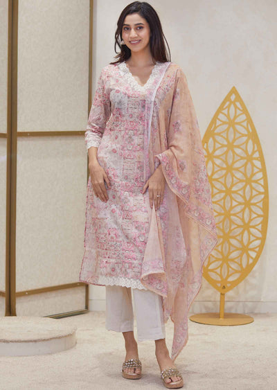 Beige Cotton Printed Straight cut suits