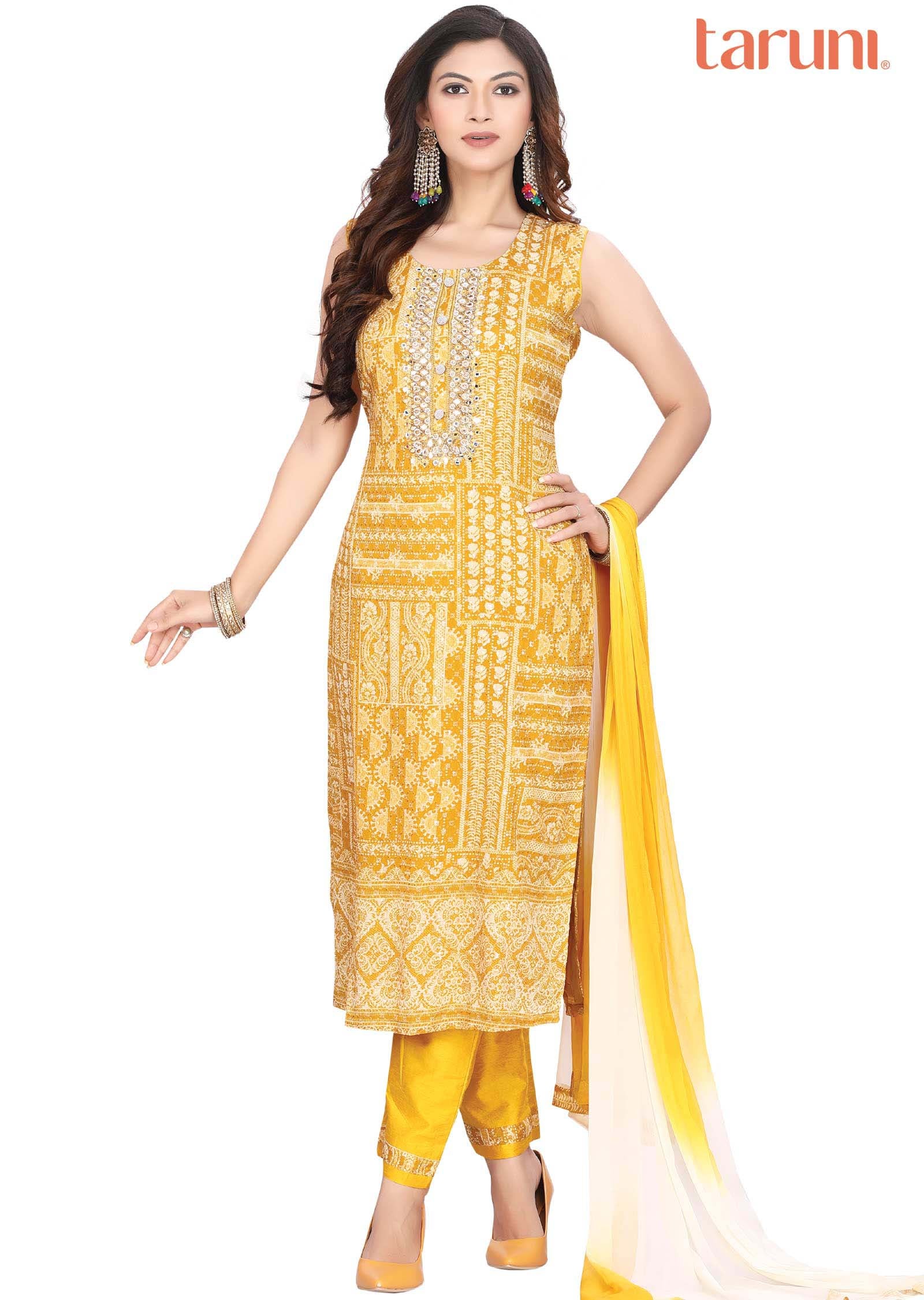 Mustard Chinnon Zardosi & Embroidered Straight cut suits