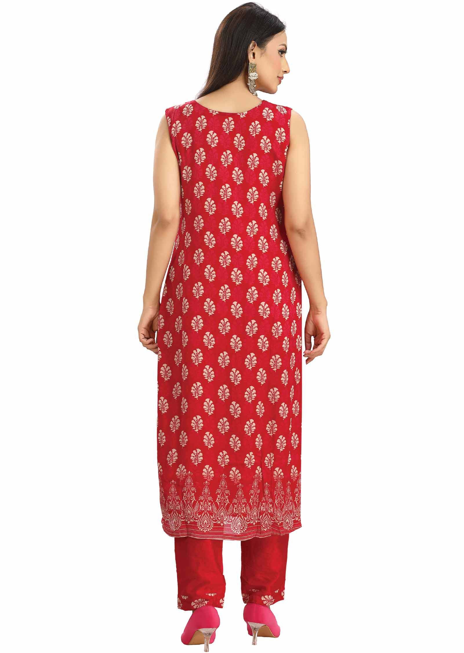 Pinkish Red Chinnon Printed Straight cut suits