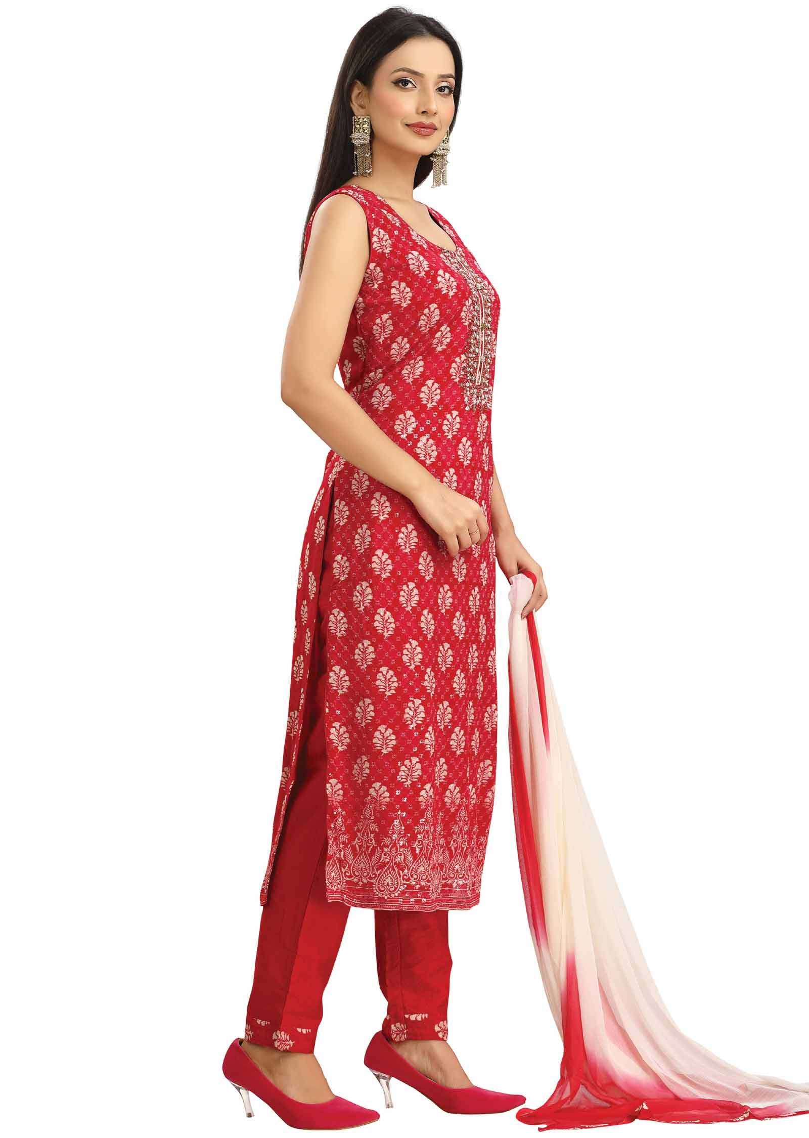 Pinkish Red Chinnon Printed Straight cut suits