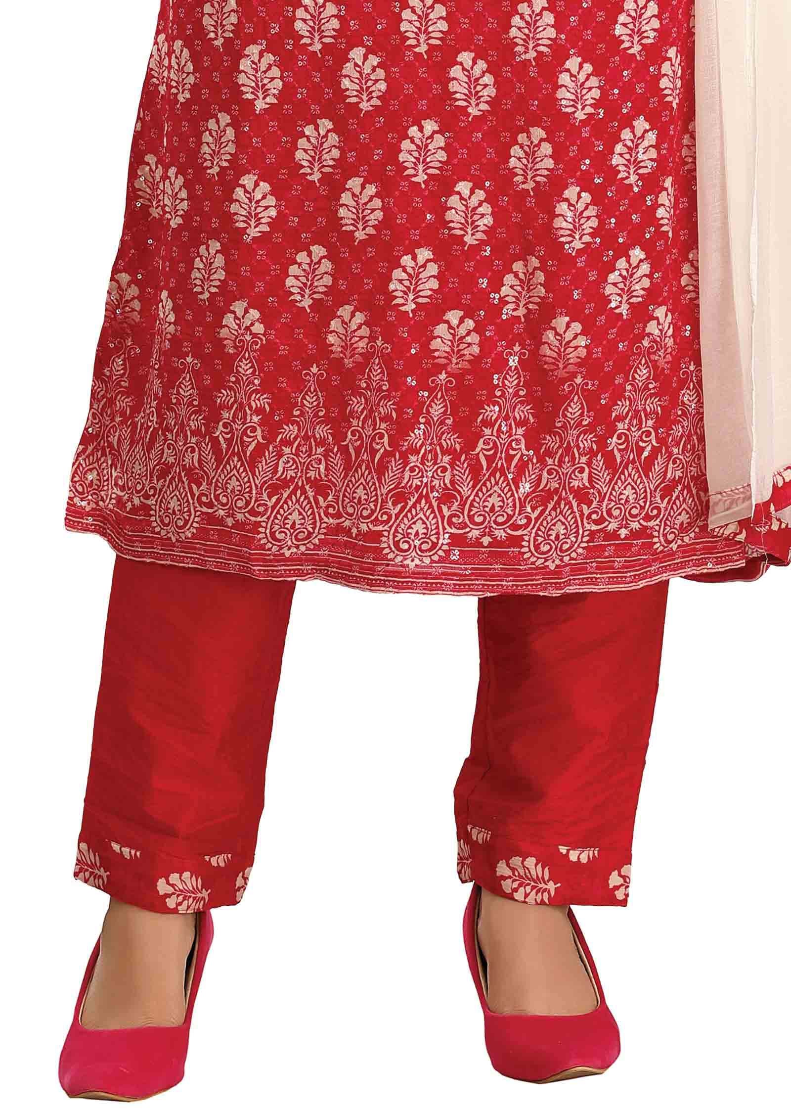 Pinkish Red Chinnon Printed Straight cut suits