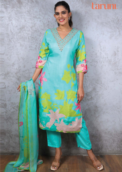 Sea Green Mudal Printed Straight cut suits