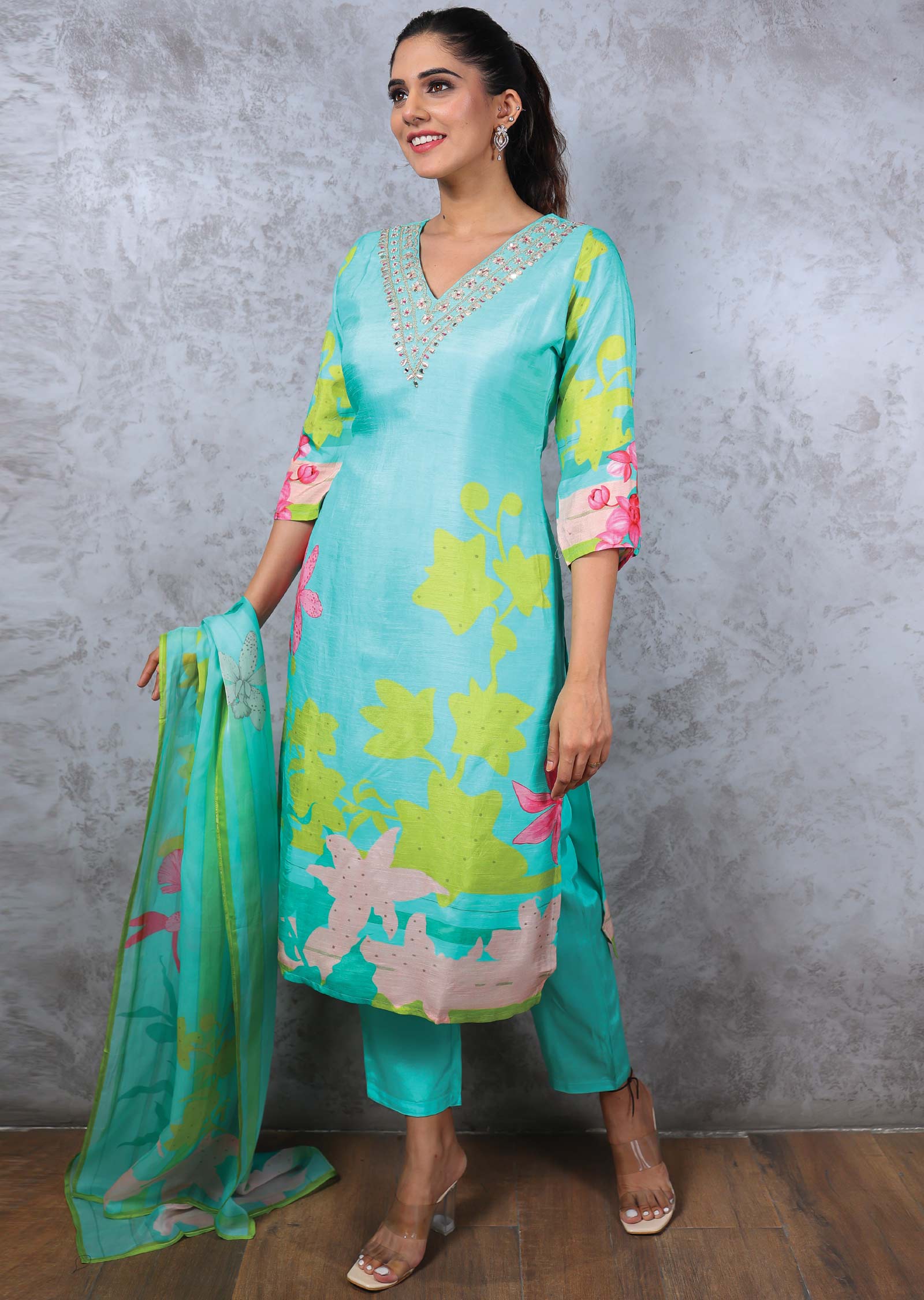 Sea Green Mudal Printed Straight cut suits