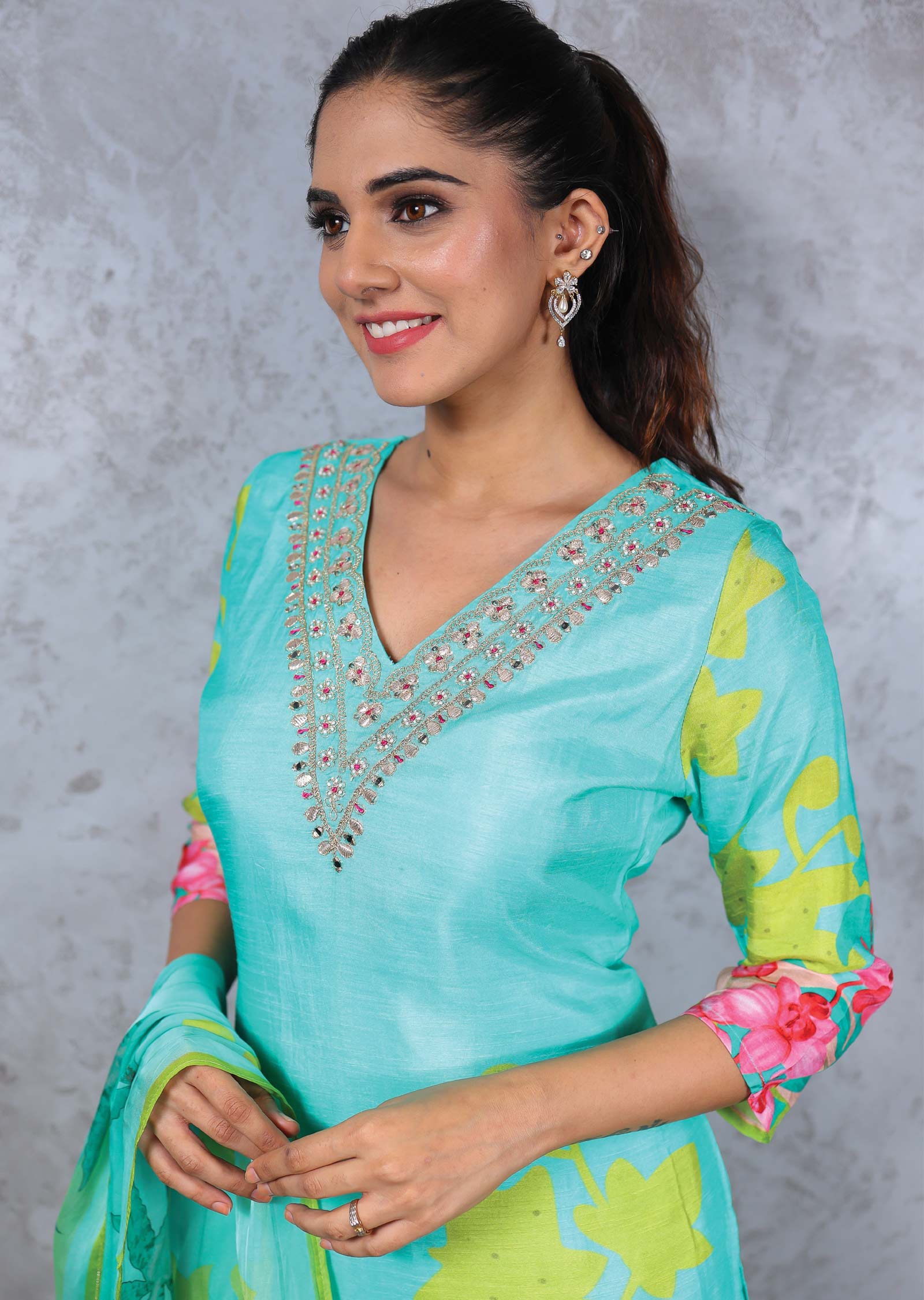 Sea Green Mudal Printed Straight cut suits