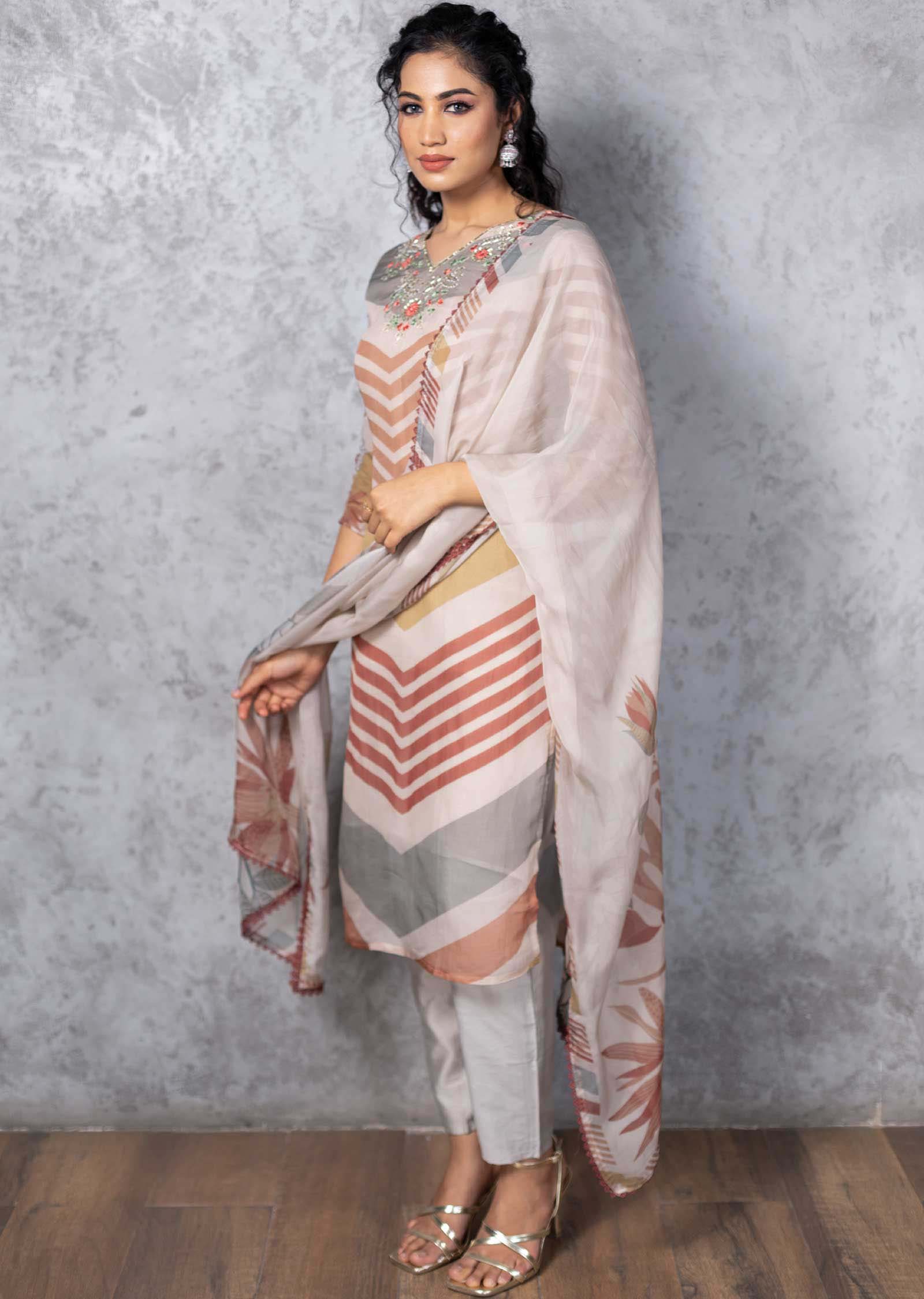 Multi Color Organza Printed Straight cut suits