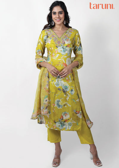 Mustard Mudal Printed Straight cut suits