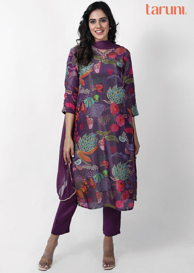 Purple Tissue Embroidered Straight cut suits