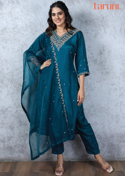 Teal Blue Silk Embroidered Straight cut suits