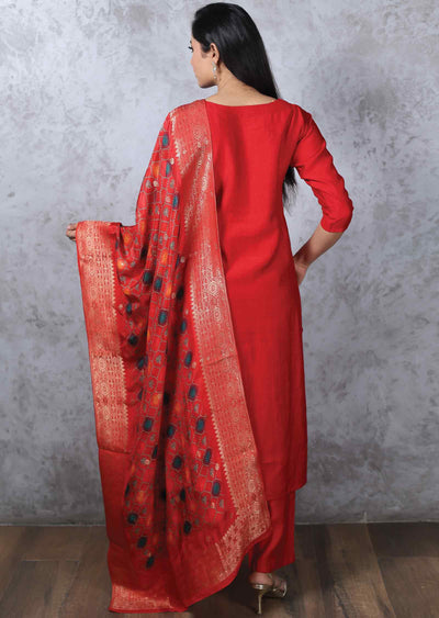 Redish Maroon Silk Embroidered Straight cut suits