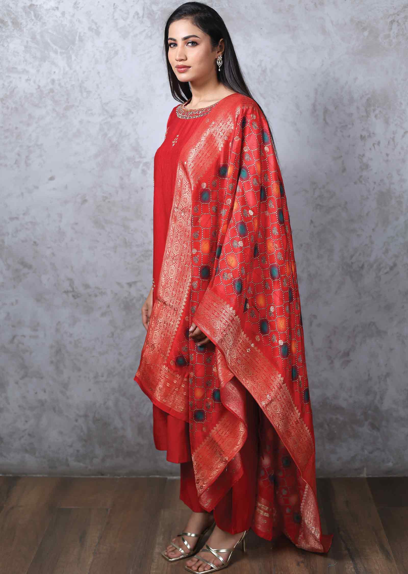 Redish Maroon Silk Straight cut suits