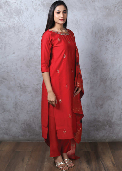 Redish Maroon Silk Embroidered Straight cut suits