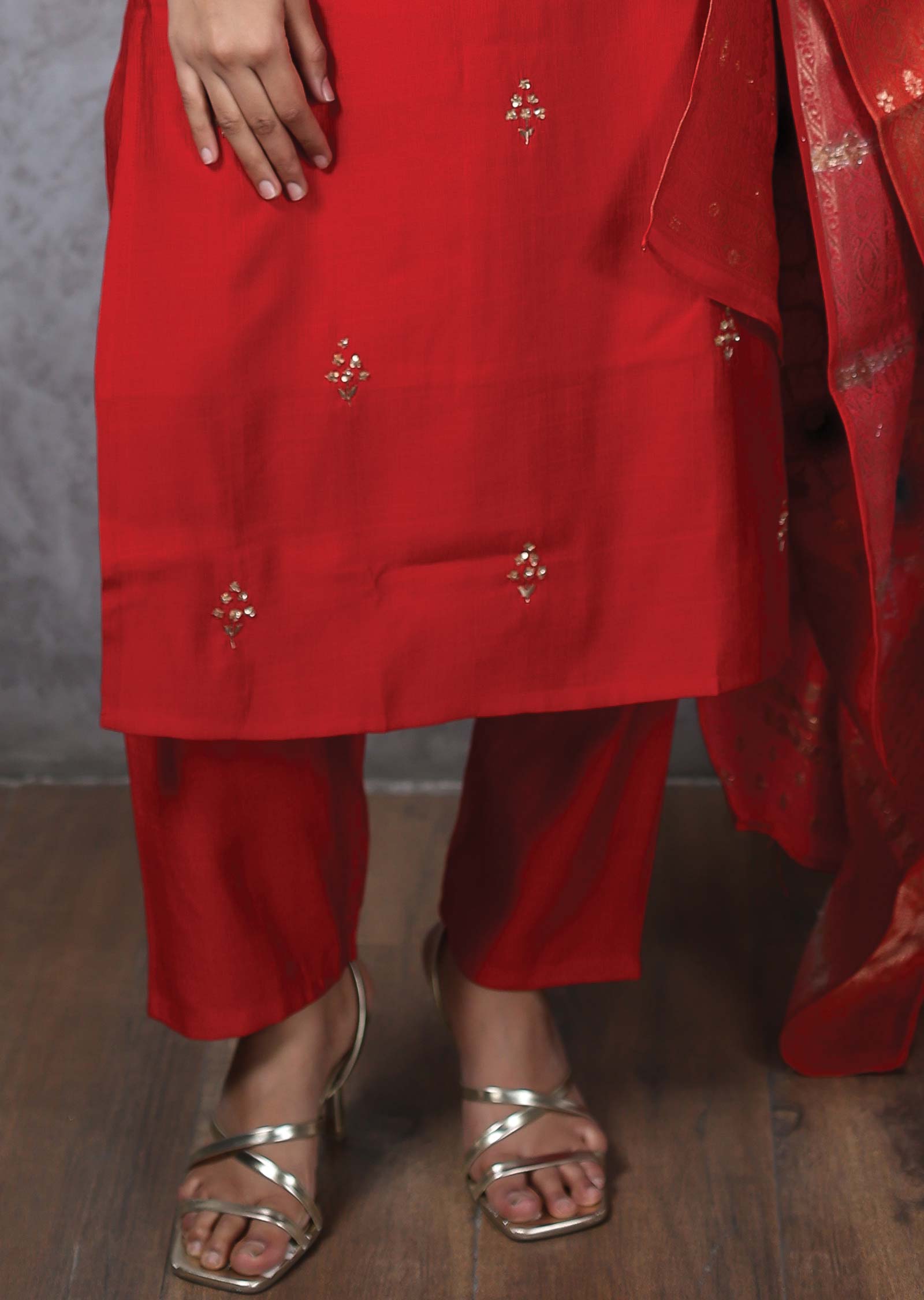 Redish Maroon Silk Embroidered Straight cut suits