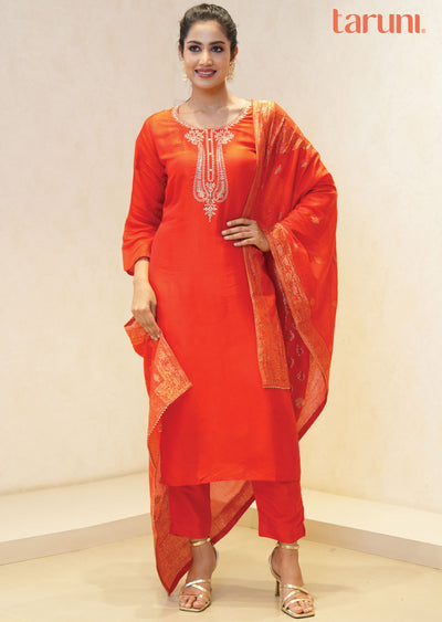 Red Silk/Banaras Embroidered Straight cut suits