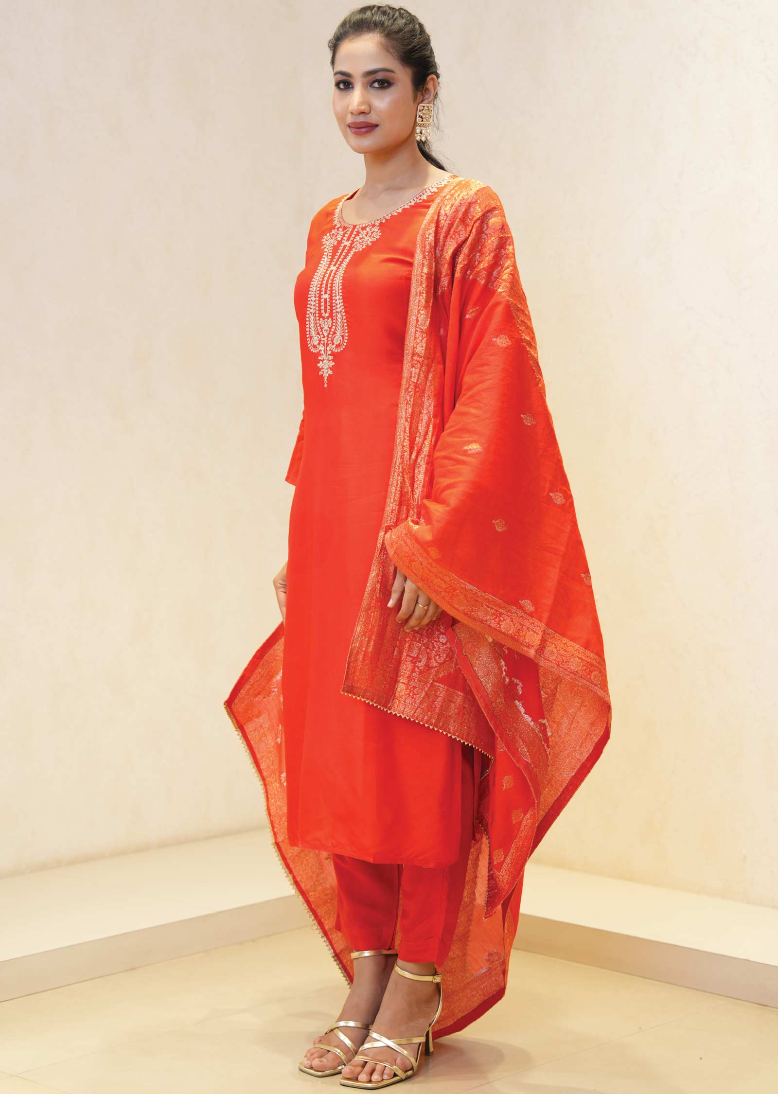 Red Silk Banaras Straight cut suits