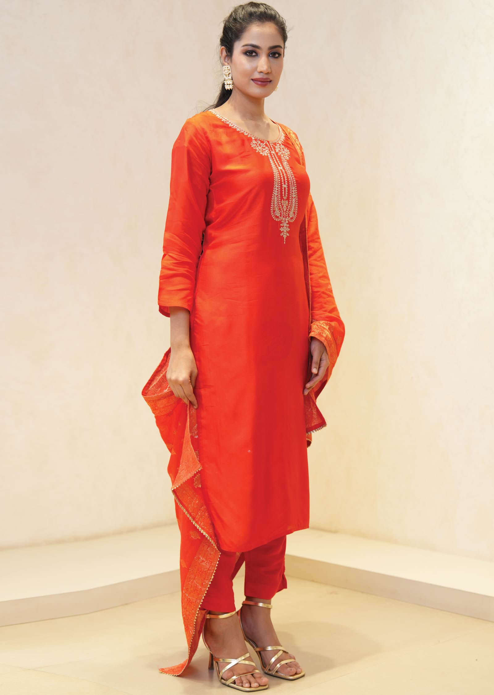 Red Silk Banaras Straight cut suits