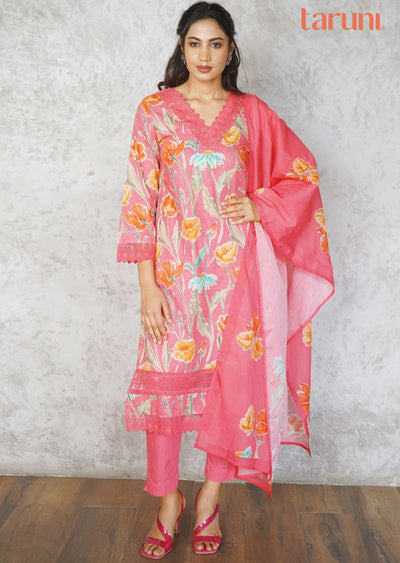Pink Cotton Printed Straight cut suits