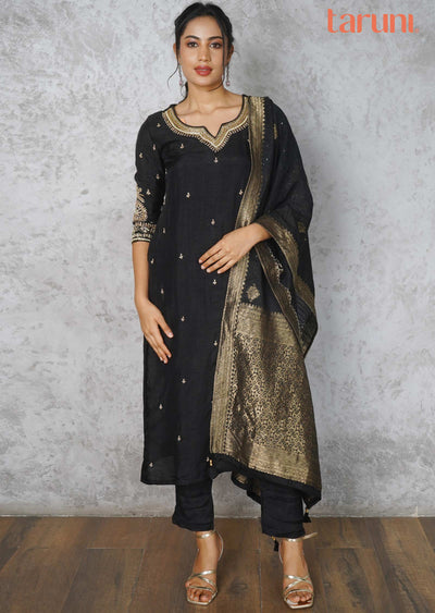 Black Silk Embroidered Straight cut suits